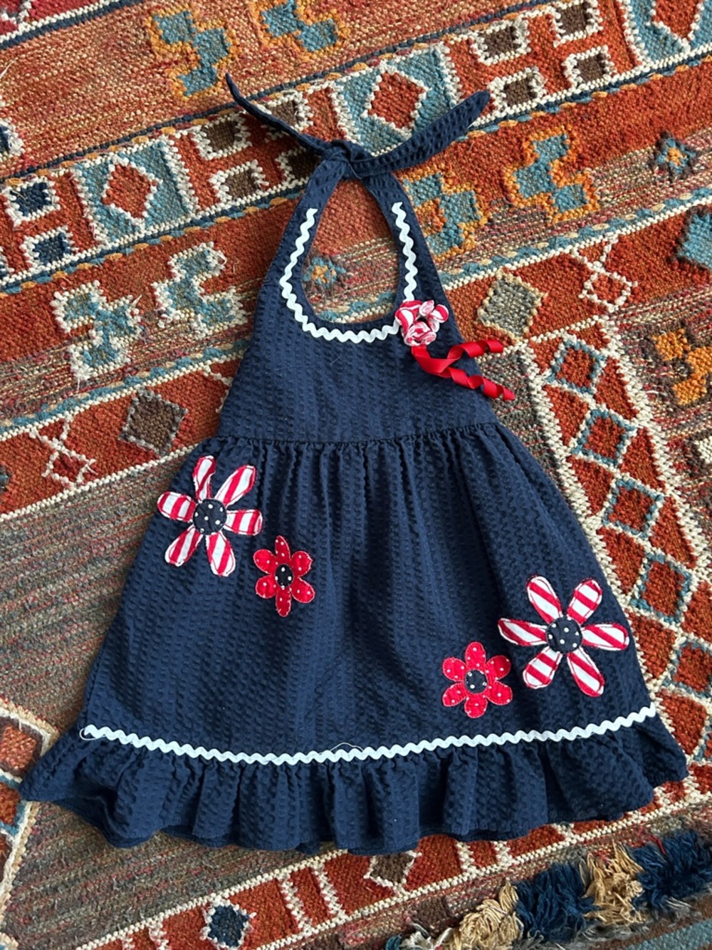Navy Halter Sundress for Girls with Red Floral Appliqués